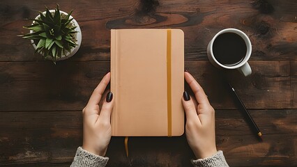A young woman, adult female, or girl holding a closed blank book cover mockup ,notebook with empty front side, student with a hardcover textbook, fascicule on a wooden table, education.