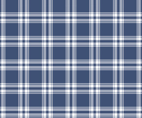 Plaid pattern, blue, white, seamless for textiles, and for designing clothing, skirts, pants or decorative fabric. Vector illustration.