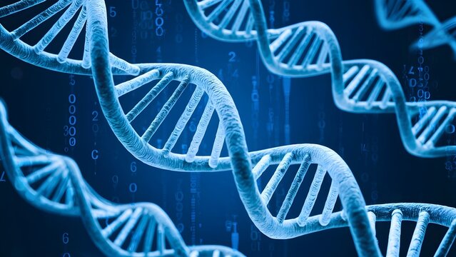 Close-up graphical, microscopic molecular representation of the double DNA spirals, helix structure, human biological genes with a background and binary codes, numbers, technology, medicine health.