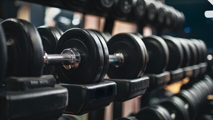 Fototapeta premium Close-up of dumbbells, sports equipment, fitness steel or metal weights for training, exercising to build a strong body and muscles, standing on a rack isolated from the rest of the gym, bodybuilding.
