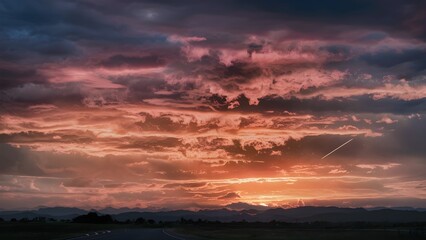 Obraz premium Beautiful summer landscape of sunrise or sunset, sunlight in the sky with vivid colors of yellow, orange, and red, mountains in the distance, nature, forests, colorful natural twilight