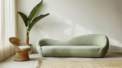 Modern interior setting with a focus on furniture and decor. The main subjects include a mint green, wavy-shaped sofa with a textured fabric, a wicker chair with a light blue cushion