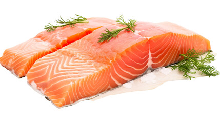 photo of a whole fresh salmon fish alongside sliced salmon meat, isolated on a white background PNG