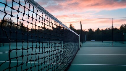 A close-up of tennis net on a professional competition tennis court, sports equipment for entertainment, activity, and recreation, with a sunset in the background, blue sky with orange clouds.