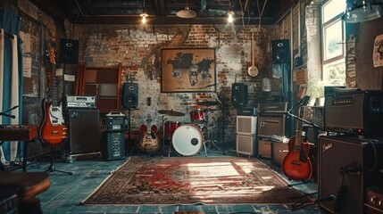 atmosphere in the music studio room, themed rock metal music. vintage style. generative AI Content.