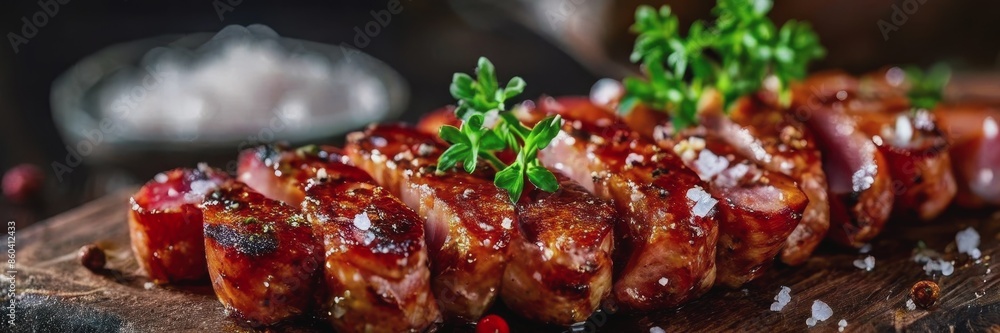 Poster juicy grilled meat with herbs and salt. fried juicy sausages from the grill - Posters