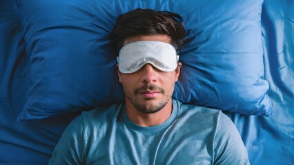 Adult man with a sleep mask over his eyes lying in bed on a pillow with a blue pillowcase and bedding, sleeping or relaxing. The sleepy young handsome man dozes off in the bedroom.