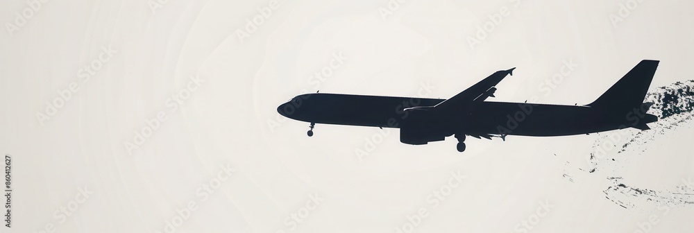 Poster a minimal and sleek silhouette of an airplane flying in the sky, creating a dramatic image perfect f