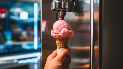 A close-up of a man or woman's hand holding a cone with fresh dairy ice cream under a machine equipment for making, producing a delicious, sweet, flavored, creamy frozen dessert in a restaurant.
