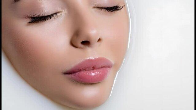 Zoom movement towards the close-up of the beautiful face of a model with her eyes closed and partially immersed in a whitish liquid.