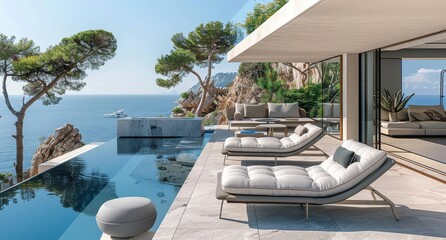 Fototapeta premium Modern Outdoor Sunbed With Two Sides, Gray Fabric And White Metal Frame, Infinity Pool, Mediterranean Sea View, Summer, Ckadid Sccalbini Design, J Astronomy, Green Cushions, Sleek