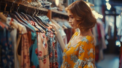 Obraz premium Woman in Europe buying vintage dresses from an online boutique