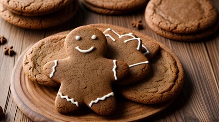 A delightful arrangement of gingerbread cookies, featuring a smiling gingerbread man with white icing details, resting on a wooden plate