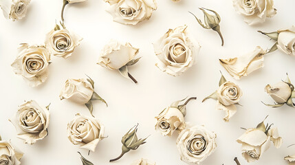 Dry beige roses flowers pattern top view on white background with copy space Floral cardAesthetic botanical poster Vintage toned : Generative AI