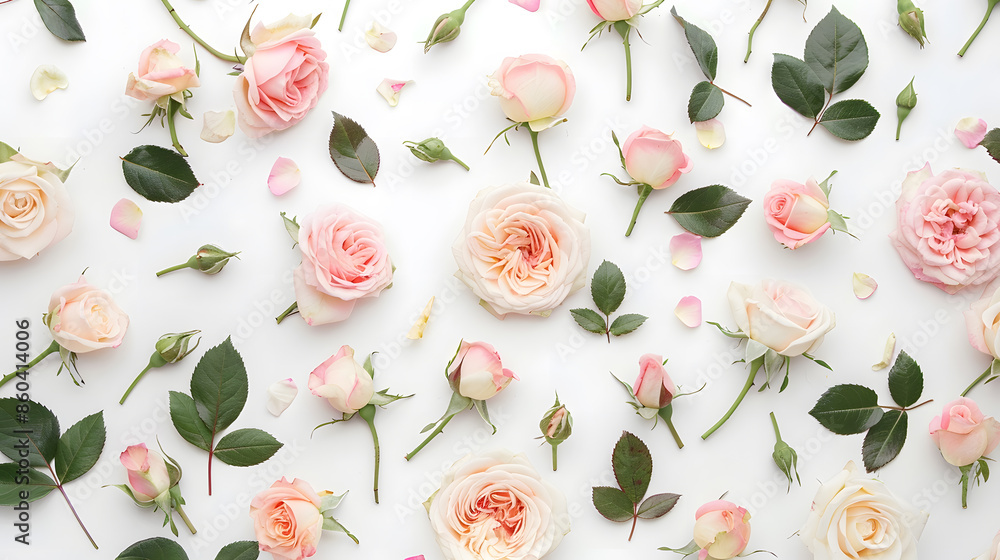 Poster floral pattern made of pink and beige roses green leaves branches on white background flat lay top v