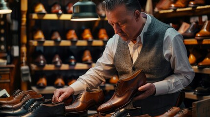 Naklejka premium Man ordering bespoke shoes from an Italian cobbler‚Äôs online shop