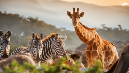 Obraz premium safari animals gathering on the african landscape, national wild life day concept