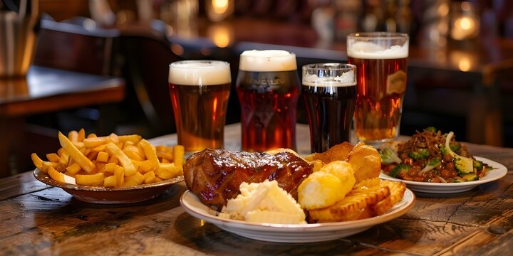 Traditional English Pub Food and an Assortment of Ales and Beers. Concept English Pub Food, Ales, Beers, Traditional Cuisine