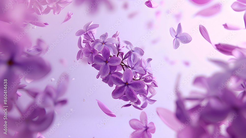 Poster Fresh lilac blossom beautiful purple flowers falling in the air isolated on pink background Zero gravity or levitation spring flowers conception high resolution image : Generative AI