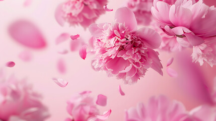 Fototapeta premium Flying peonies flowers with falling petals at pink background Floral levitation concept Front view Horizontal : Generative AI