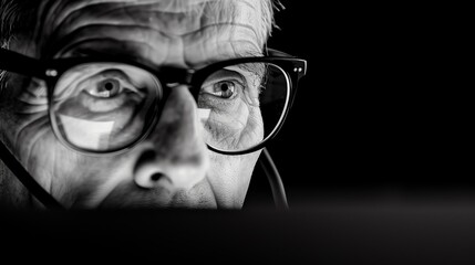 Close-up black and white photo of a senior man with glasses looking intently at a computer screen, emphasizing focus and concentration.
