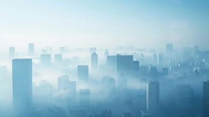 Naklejka premium Cityscape enveloped in dense fog at morning light