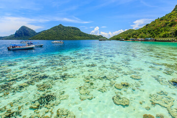 Corals reef and islands seen from the jetty of Bohey Dulang Island, Sabah, Malaysia.
