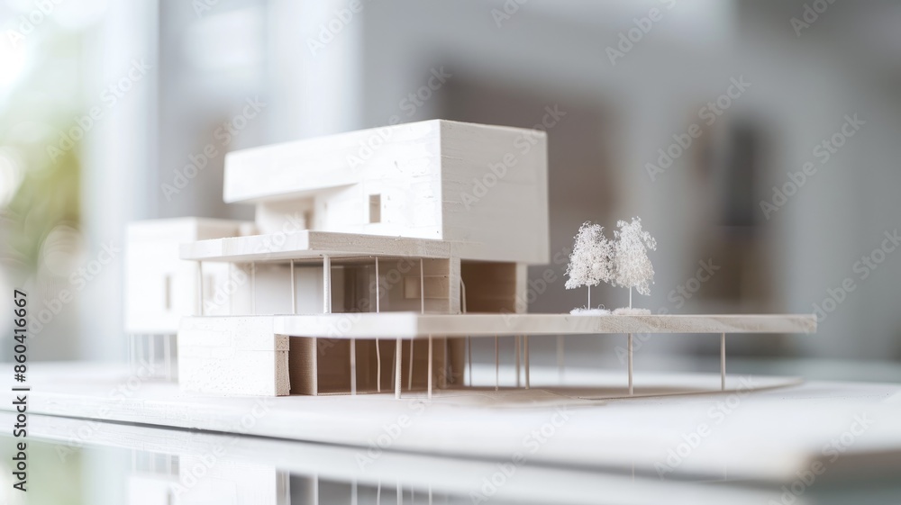 Poster white architectural scale model of modern building with trees on table