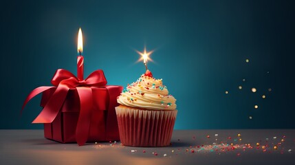 Colorful birthday cupcake with lit candle and wrapped present for celebration theme
