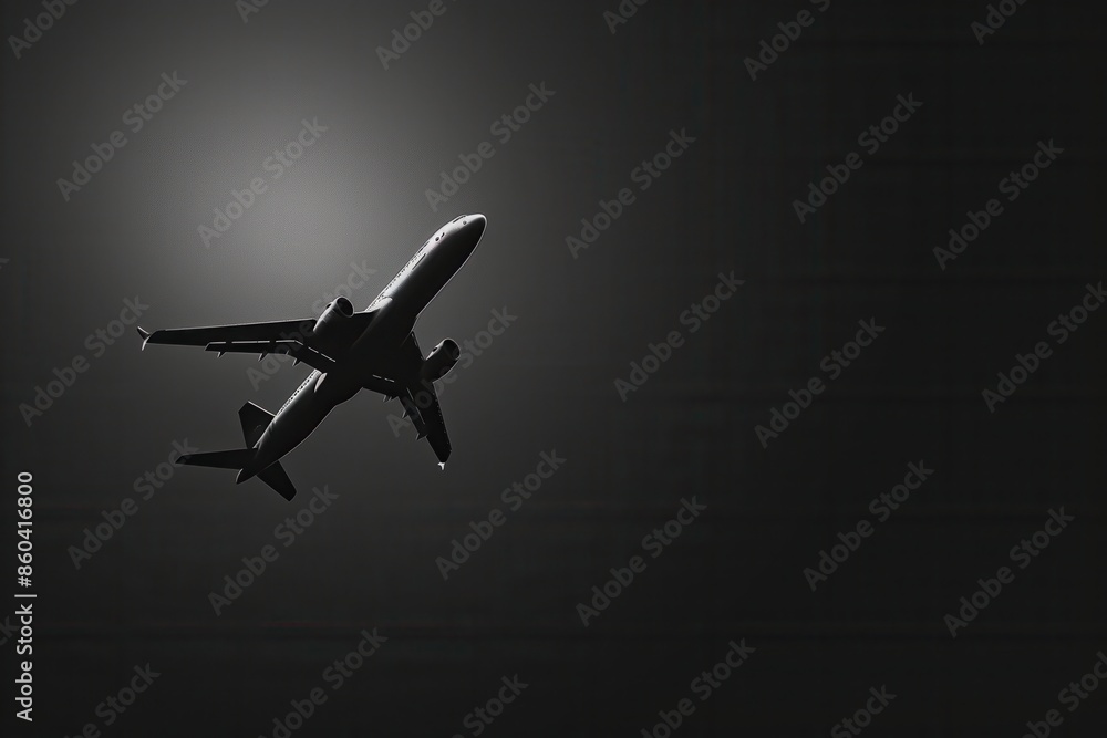 Poster a minimalistic black and white image featuring the silhouette of an airplane in flight, capturing a 