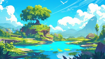 Lush landscape with large tree and small pond under a bright blue sky and white clouds