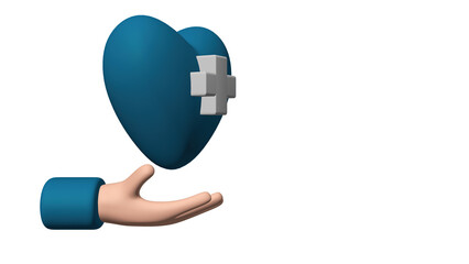 3D hand with blue heart and medical insurance symbol, Concept of medical insurance and medical well-being on a horizontal green background... a blue heart with a health icon