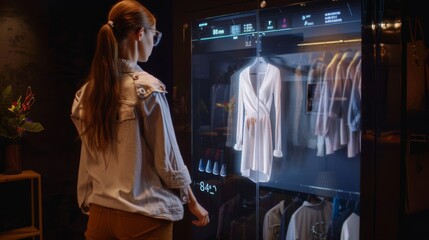 Shopper using a virtual fitting room to try on clothes before purchasing