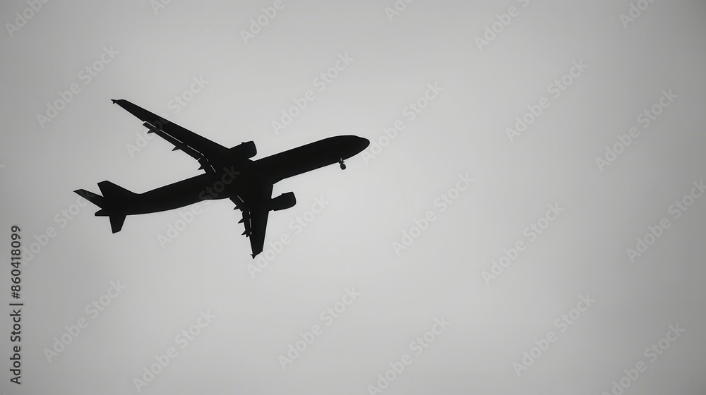 Poster a simple yet striking silhouette of an airplane in flight against a clear, gray sky. generative ai