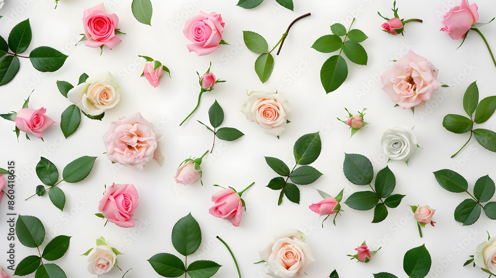 Poster floral pattern made of pink and beige roses green leaves branches on white background flat lay top v