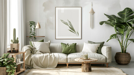 Frame Mockup in Vintage Farmhouse: A farmhouse-style living room with a distressed wooden frame holding an ISO A2 poster. Rustic furniture and vintage decor elements fill the space.