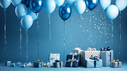 Colorful blue birthday decorations with balloons and presents, perfect for celebration backgrounds
