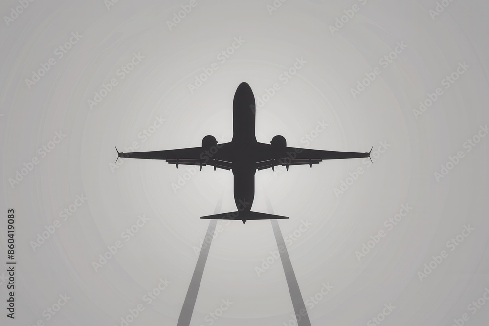 Aufkleber a minimalistic silhouette of an airplane taking off against a cloudy sky. the image is perfect for a