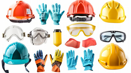 Personal Protective Equipment (PPE): Equipment such as helmets, gloves, and safety glasses for protecting workers isolated on white background