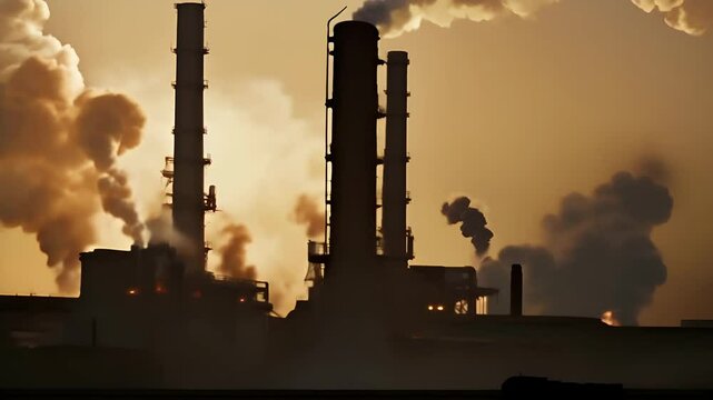 Smoke coming from the pipes of the plant at sunset