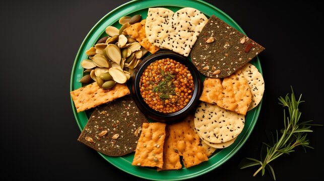 A top view of a nutritious plate full of seed crackers with green toppings, suggesting a healthy snack option