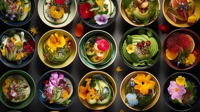 A vibrant image featuring a variety of fresh, colorful salads with edible flowers, served in modern bowls