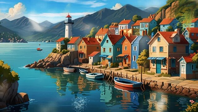 house next to the pier with mountains in the background. Seamless looping 4k video animation