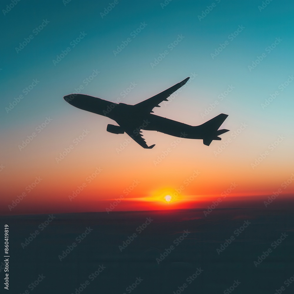 Poster a minimalistic silhouette of an airplane in flight against a vibrant sunset sky. perfect for travel 