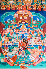A detailed view of a vibrant tibetan deity Yama painting displayed on a wall, Muney Monastery in Zanskar