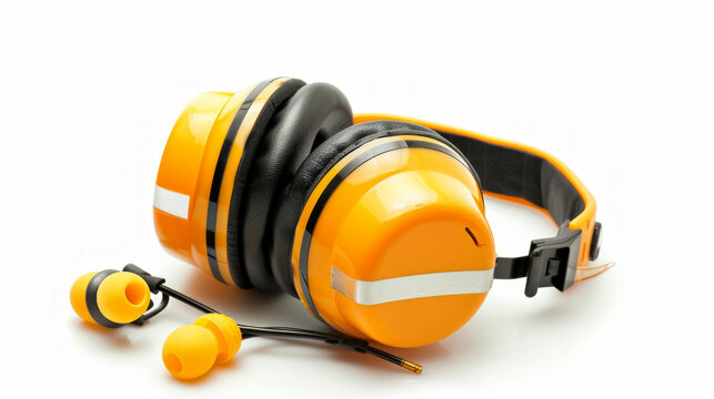 Hearing Protection Equipment: Equipment such as earplugs and earmuffs for protecting against loud noises isolated on white background