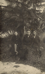 FOTO ANTICA CON TRE DONNE CHE INDOSSANO IL CAPPOTTO SEDUTE DAVANTI AD UNA PALMA
