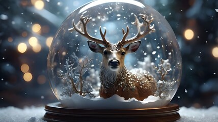 Christmas deer encased in a snow globe, antlers dusted with micro-glitters mimicking fresh snowfall,