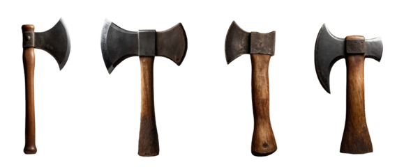 Set collection of vintage old metal axe with wooden handle isolated on transparent background. Generative AI