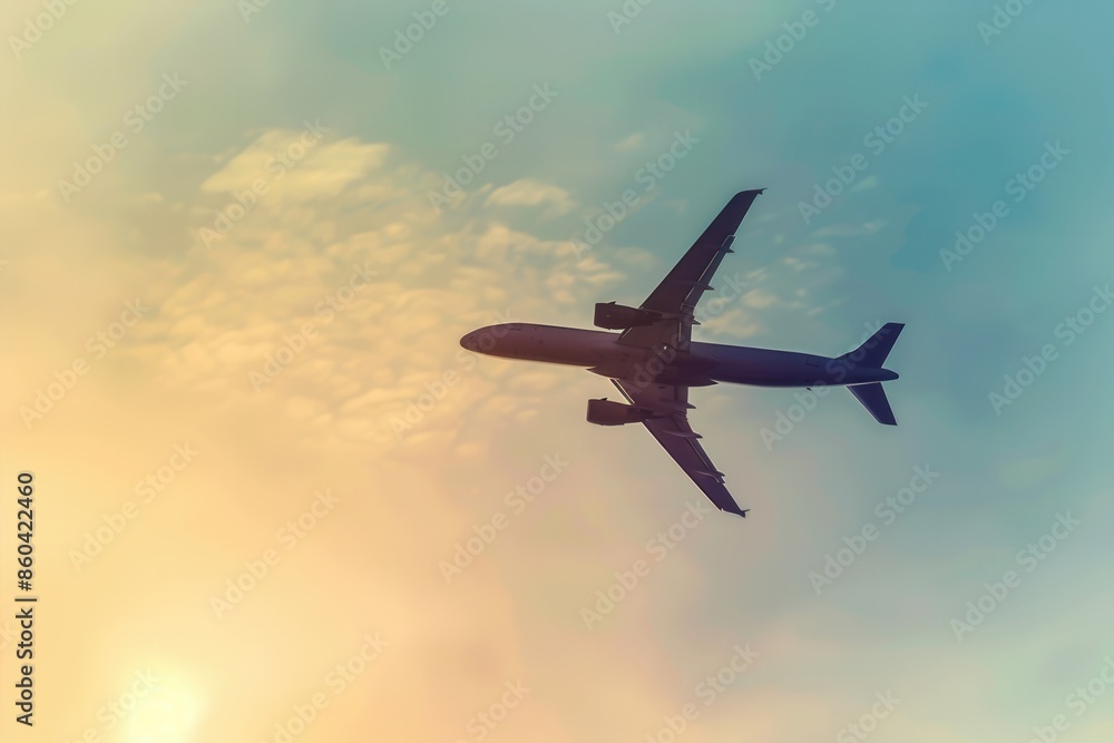 Poster A minimalistic silhouette of an airplane soaring through a cloudy sky at sunset. The image features a clean, sleek design, perfect for airlines and flight booking agencies. Generative AI